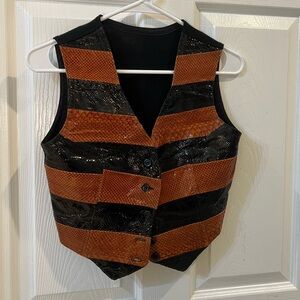 Chic Vintage Black and Brown Striped Women's real leather Vest